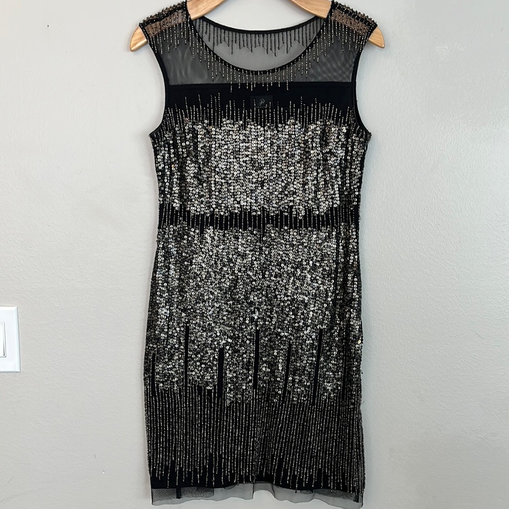 ADRIANNA PAPELL | beaded sequin cocktail dress black metallic | size 8